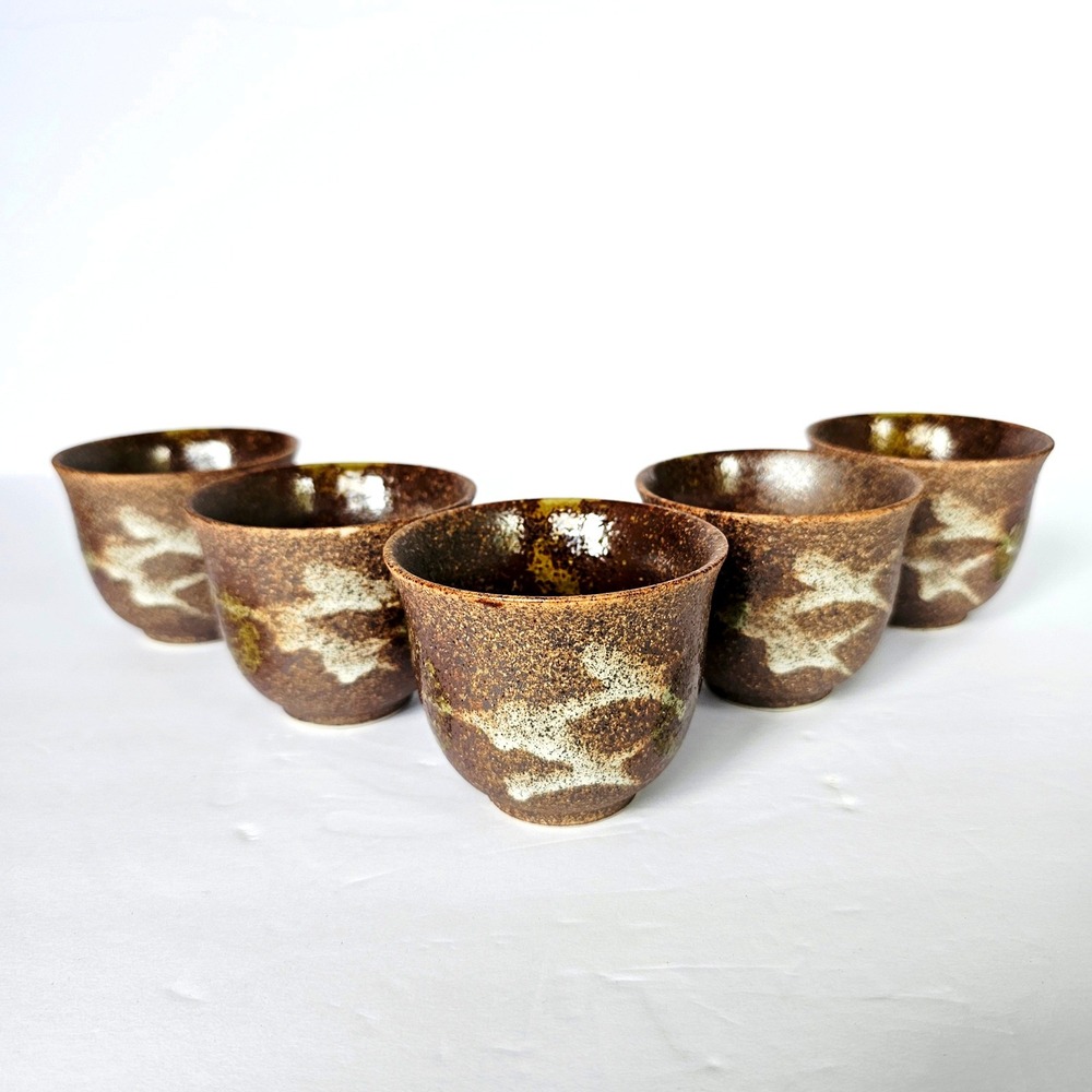 Vtg Japanese Style Tea Cup Set 5 Brown Speckled Pottery Wabi Sabi Rustic Earthy‎